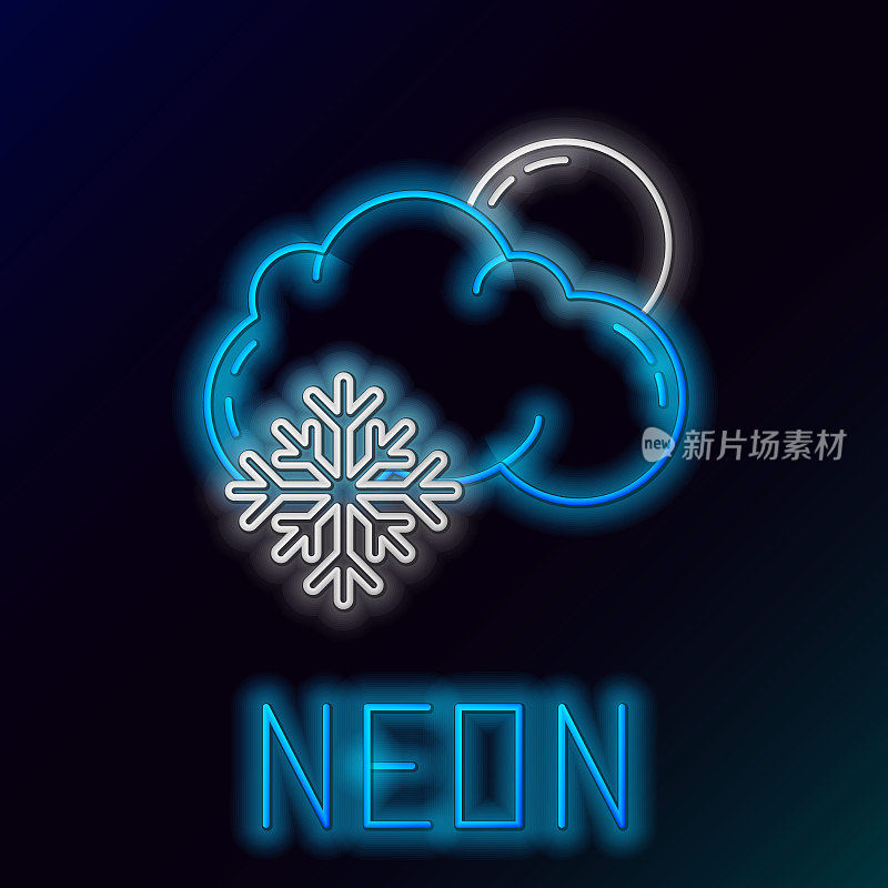 Blue glowing neon line Cloud with snow and sun icon isolated on black background. Cloud with snowflakes. Single weather icon. Snowing sign. Colorful outline concept. Vector Illustration